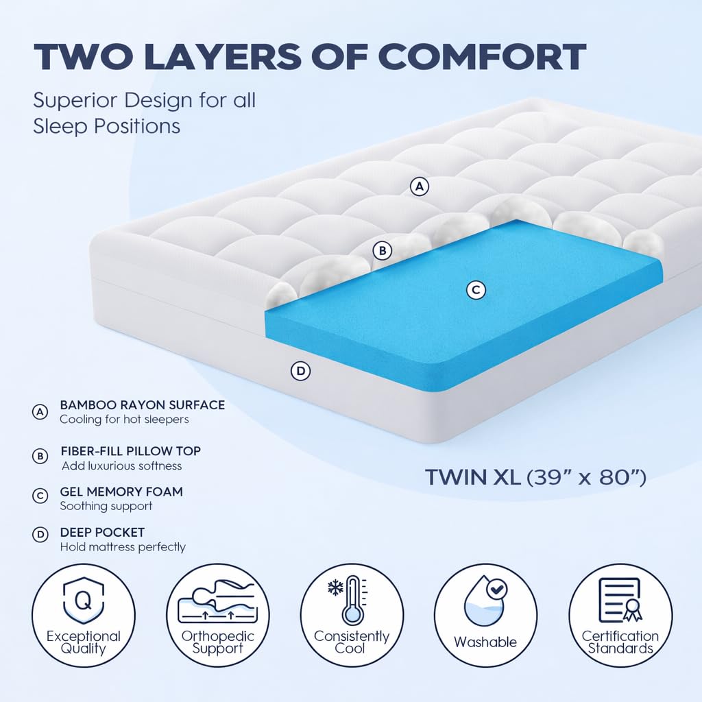 ELEMUSE 3 Inch Queen Size Dual Layer Memory Foam Mattress Topper, 2 Inch Cooling Memory Foam, 1 Inch Luxury Plush Pillowtop, Premium Pressure Relief Bed Pad for Hot Sleepers, Hotel Comfort Upgrade