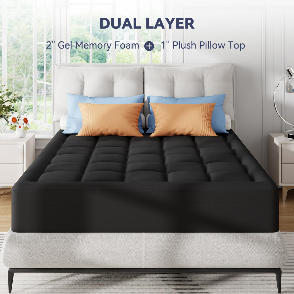 ELEMUSE 3 Inch Queen Size Dual Layer Memory Foam Mattress Topper, 2 Inch Cooling Memory Foam, 1 Inch Luxury Plush Pillowtop, Premium Pressure Relief Bed Pad for Hot Sleepers, Hotel Comfort Upgrade