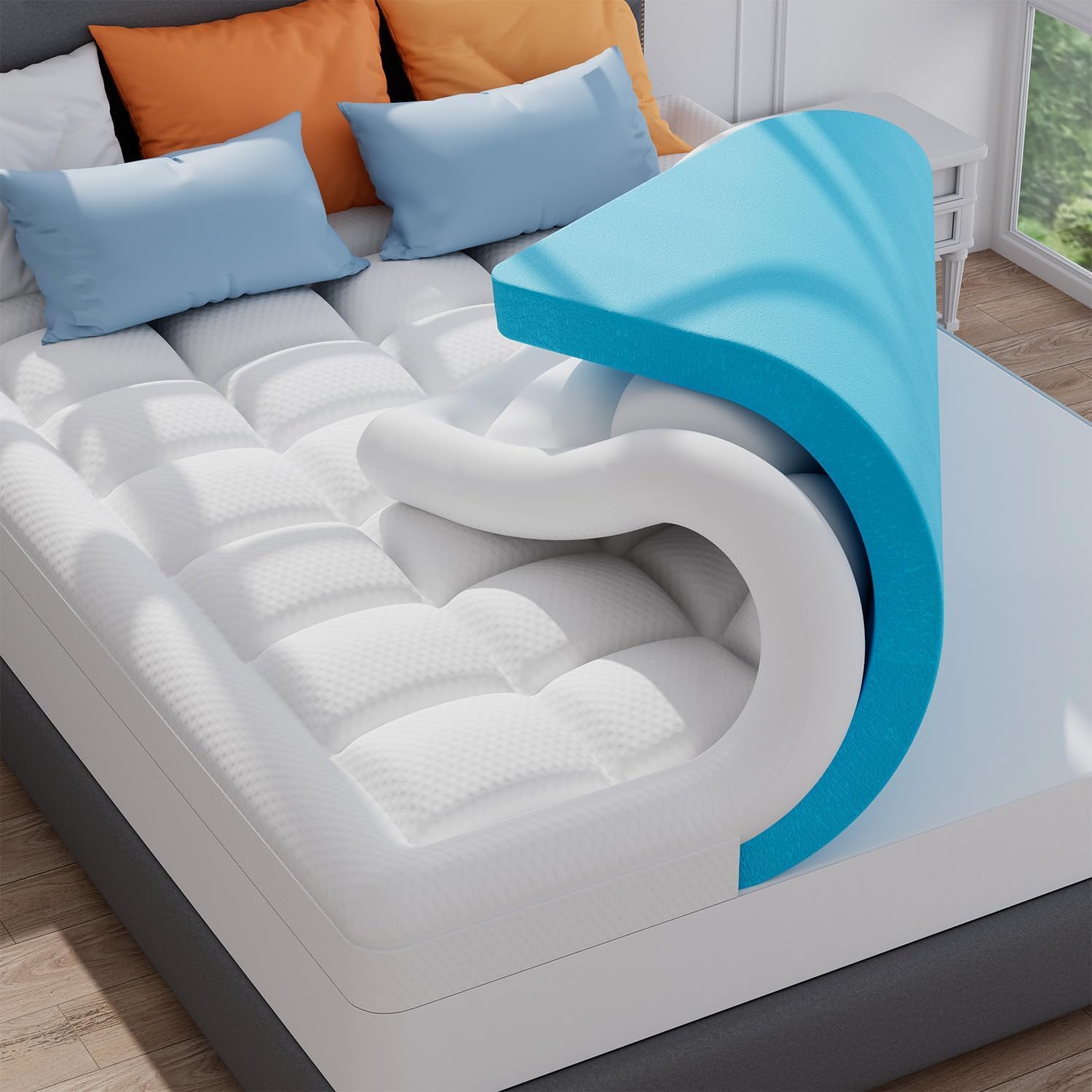 ELEMUSE 3 Inch Queen Size Dual Layer Memory Foam Mattress Topper, 2 Inch Cooling Memory Foam, 1 Inch Luxury Plush Pillowtop, Premium Pressure Relief Bed Pad for Hot Sleepers, Hotel Comfort Upgrade