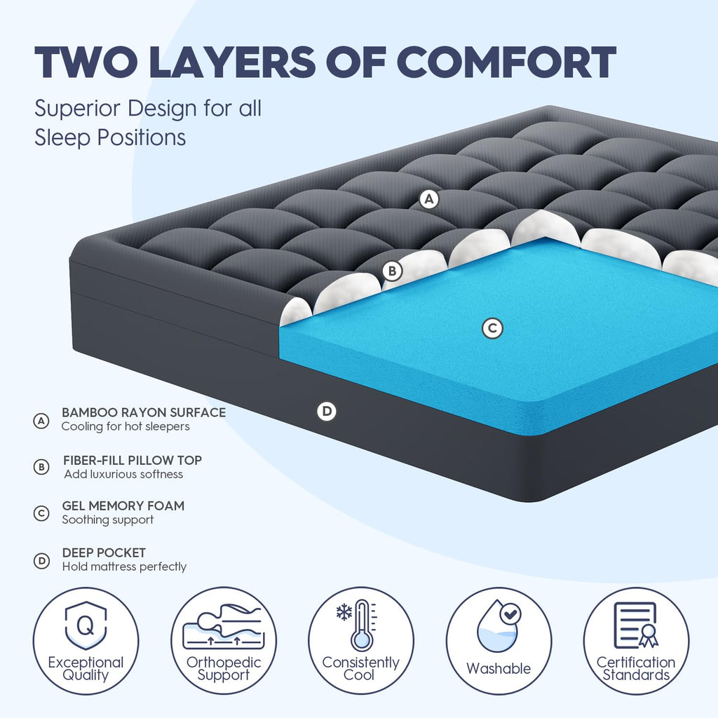 ELEMUSE 3 Inch Queen Size Dual Layer Memory Foam Mattress Topper, 2 Inch Cooling Memory Foam, 1 Inch Luxury Plush Pillowtop, Premium Pressure Relief Bed Pad for Hot Sleepers, Hotel Comfort Upgrade