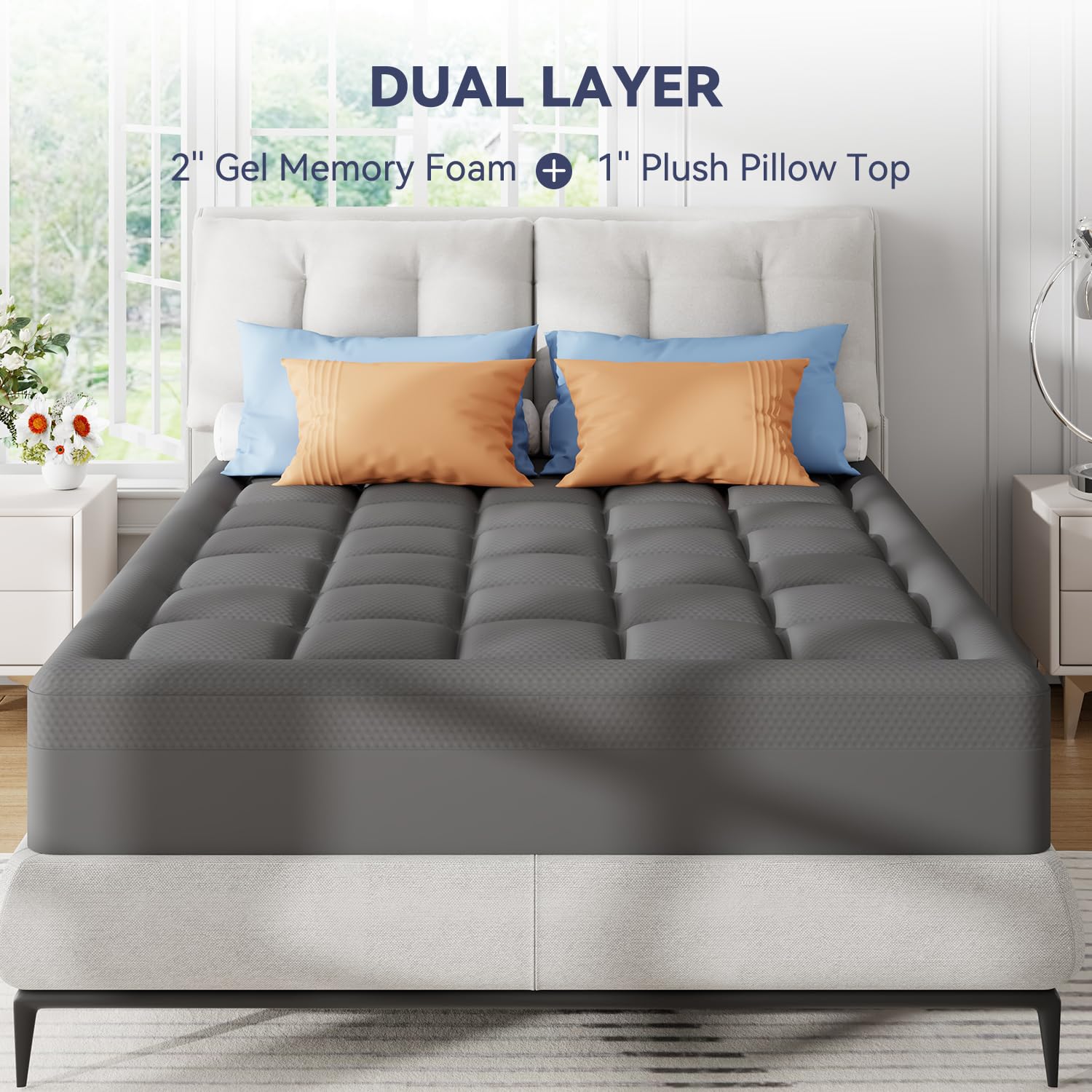 ELEMUSE 3 Inch Queen Size Dual Layer Memory Foam Mattress Topper, 2 Inch Cooling Memory Foam, 1 Inch Luxury Plush Pillowtop, Premium Pressure Relief Bed Pad for Hot Sleepers, Hotel Comfort Upgrade