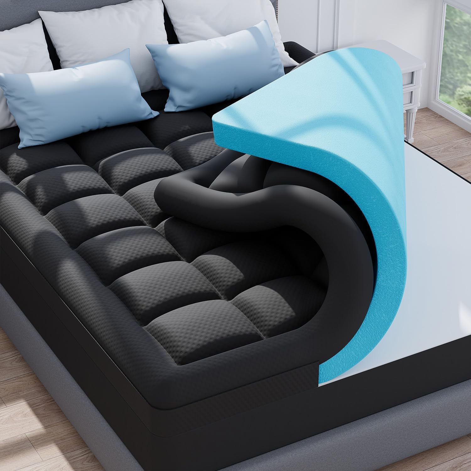 ELEMUSE 3 Inch Queen Size Dual Layer Memory Foam Mattress Topper, 2 Inch Cooling Memory Foam, 1 Inch Luxury Plush Pillowtop, Premium Pressure Relief Bed Pad for Hot Sleepers, Hotel Comfort Upgrade