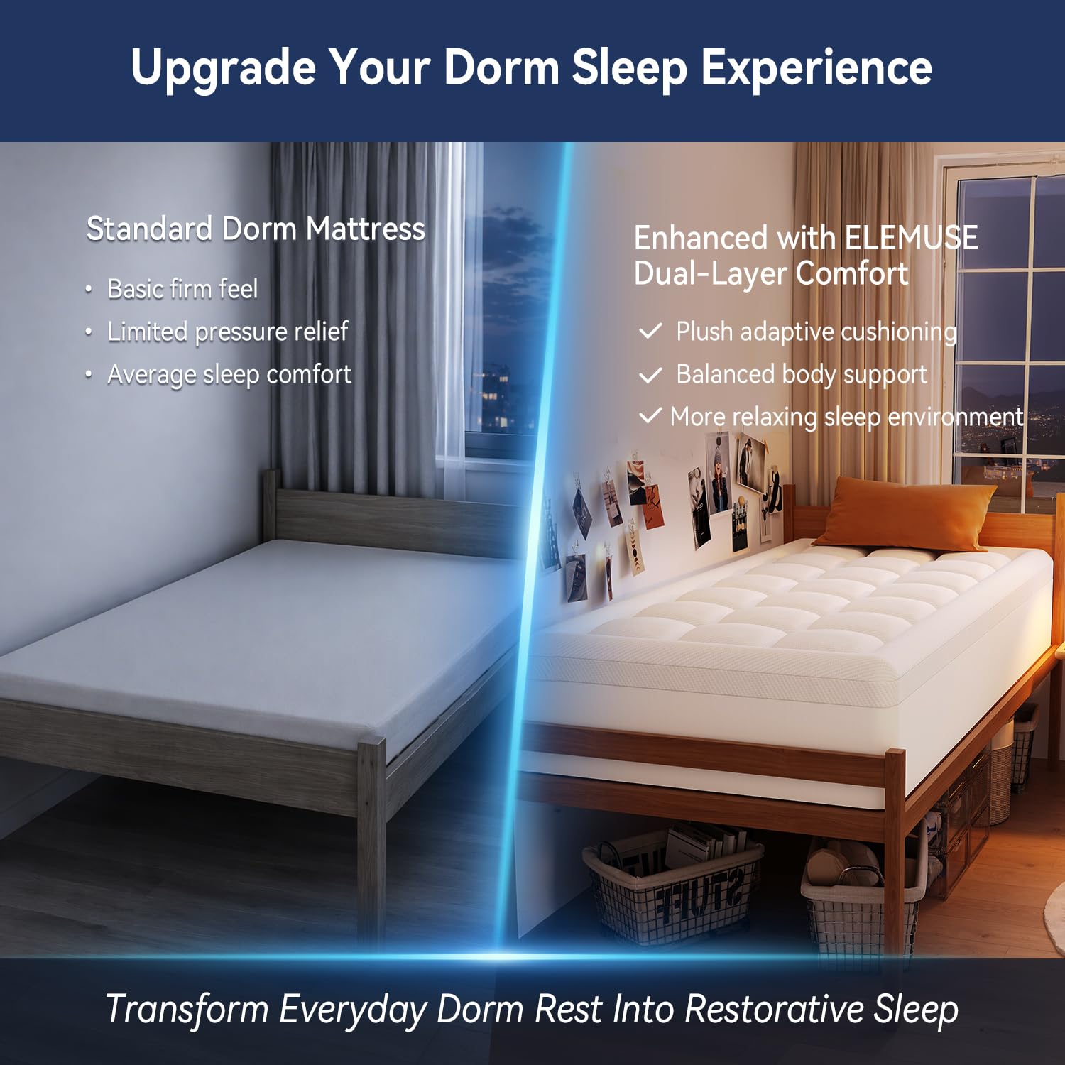 ELEMUSE 3 Inch Queen Size Dual Layer Memory Foam Mattress Topper, 2 Inch Cooling Memory Foam, 1 Inch Luxury Plush Pillowtop, Premium Pressure Relief Bed Pad for Hot Sleepers, Hotel Comfort Upgrade