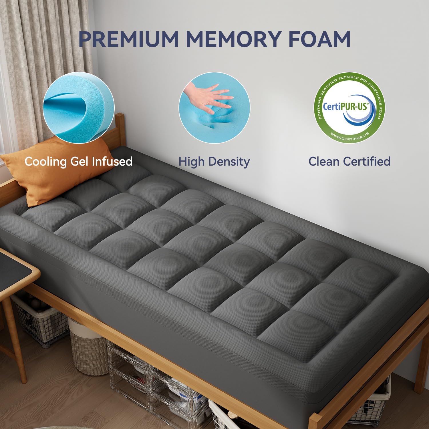 ELEMUSE 3 Inch Queen Size Dual Layer Memory Foam Mattress Topper, 2 Inch Cooling Memory Foam, 1 Inch Luxury Plush Pillowtop, Premium Pressure Relief Bed Pad for Hot Sleepers, Hotel Comfort Upgrade