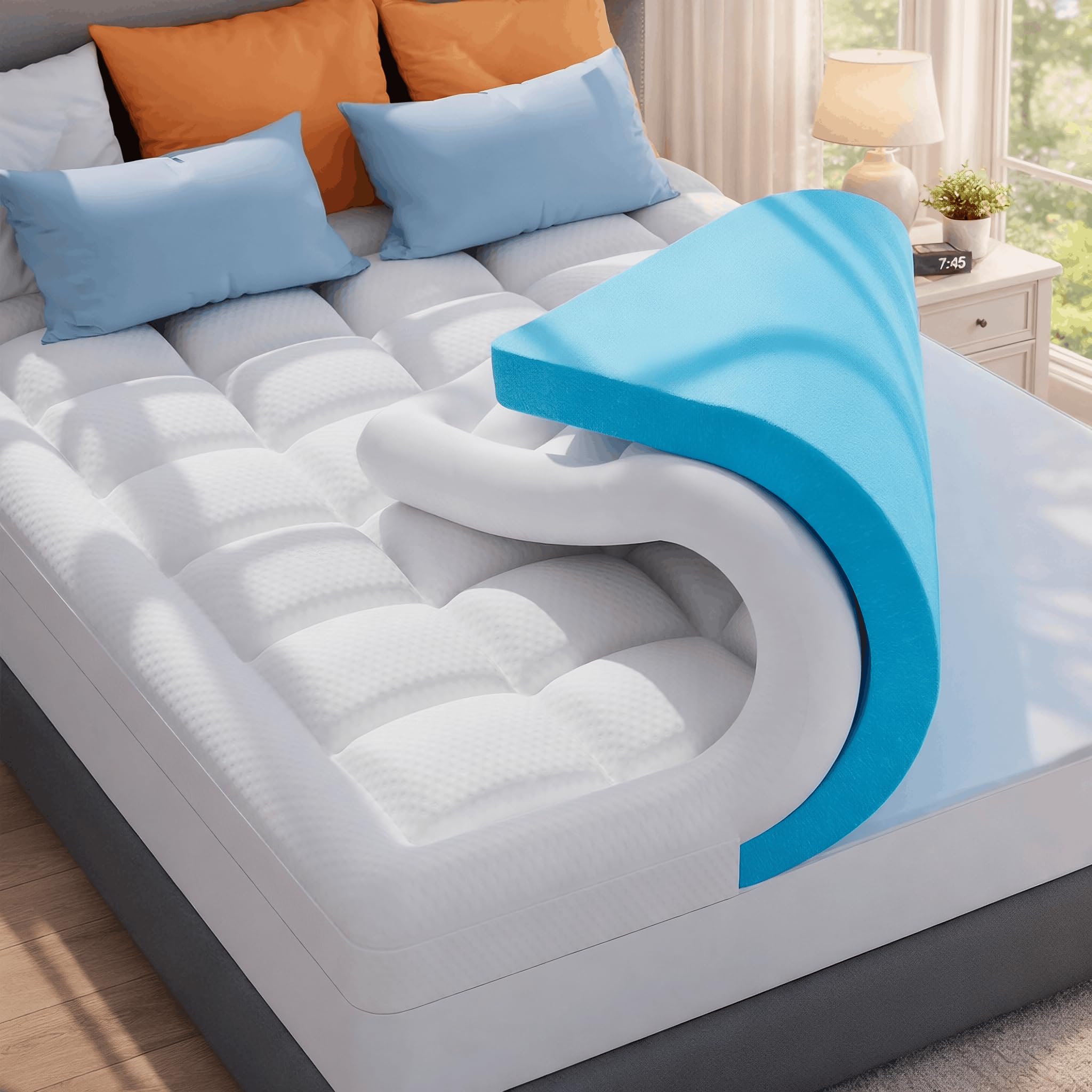 ELEMUSE 3 Inch Queen Size Dual Layer Memory Foam Mattress Topper, 2 Inch Cooling Memory Foam, 1 Inch Luxury Plush Pillowtop, Premium Pressure Relief Bed Pad for Hot Sleepers, Hotel Comfort Upgrade