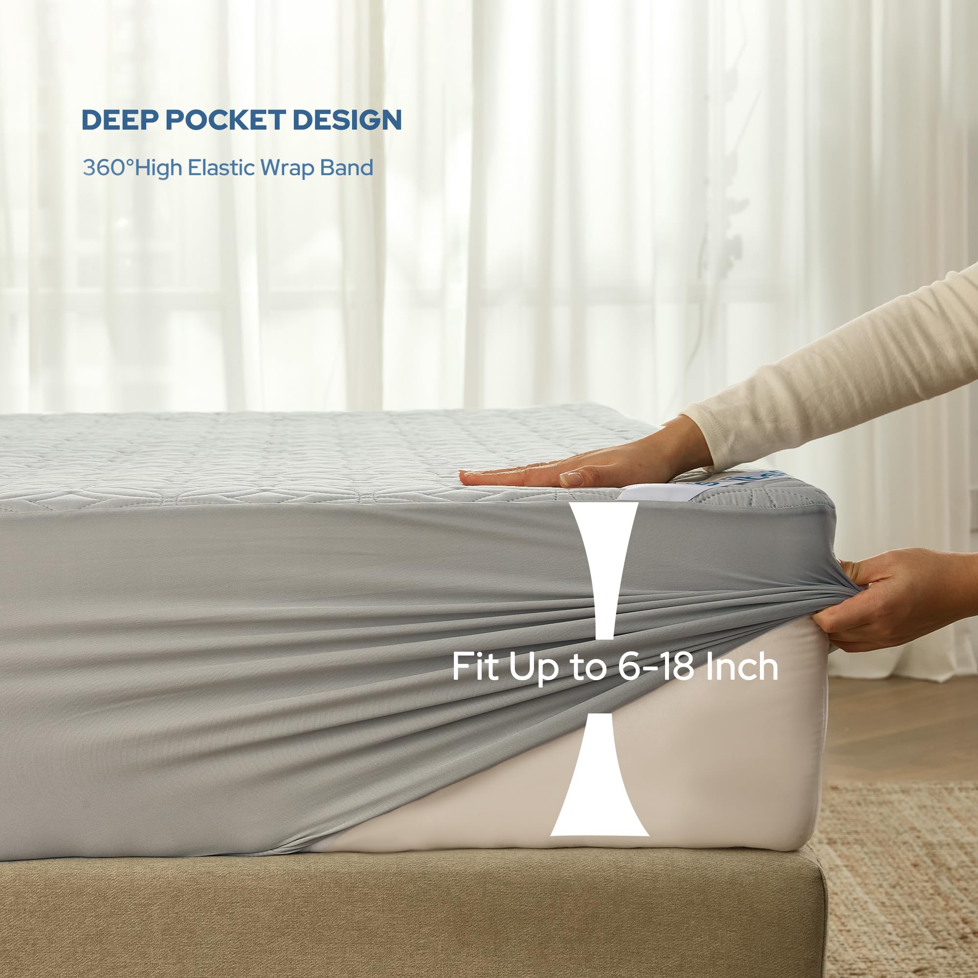 BEDLORE Waterproof Mattress Protector, Queen Size Mattress Pad Noiseless with Deep Pocket 6"-18" Depth, Soft Breathable Dirt-Proof Bed Mattress Cover Washable for Home, Bedroom, Hotel (Gray)