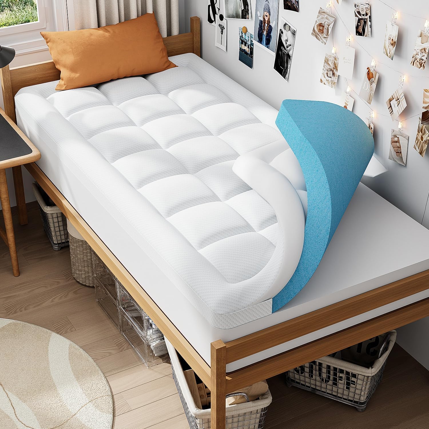 ELEMUSE 3 Inch Queen Size Dual Layer Memory Foam Mattress Topper, 2 Inch Cooling Memory Foam, 1 Inch Luxury Plush Pillowtop, Premium Pressure Relief Bed Pad for Hot Sleepers, Hotel Comfort Upgrade
