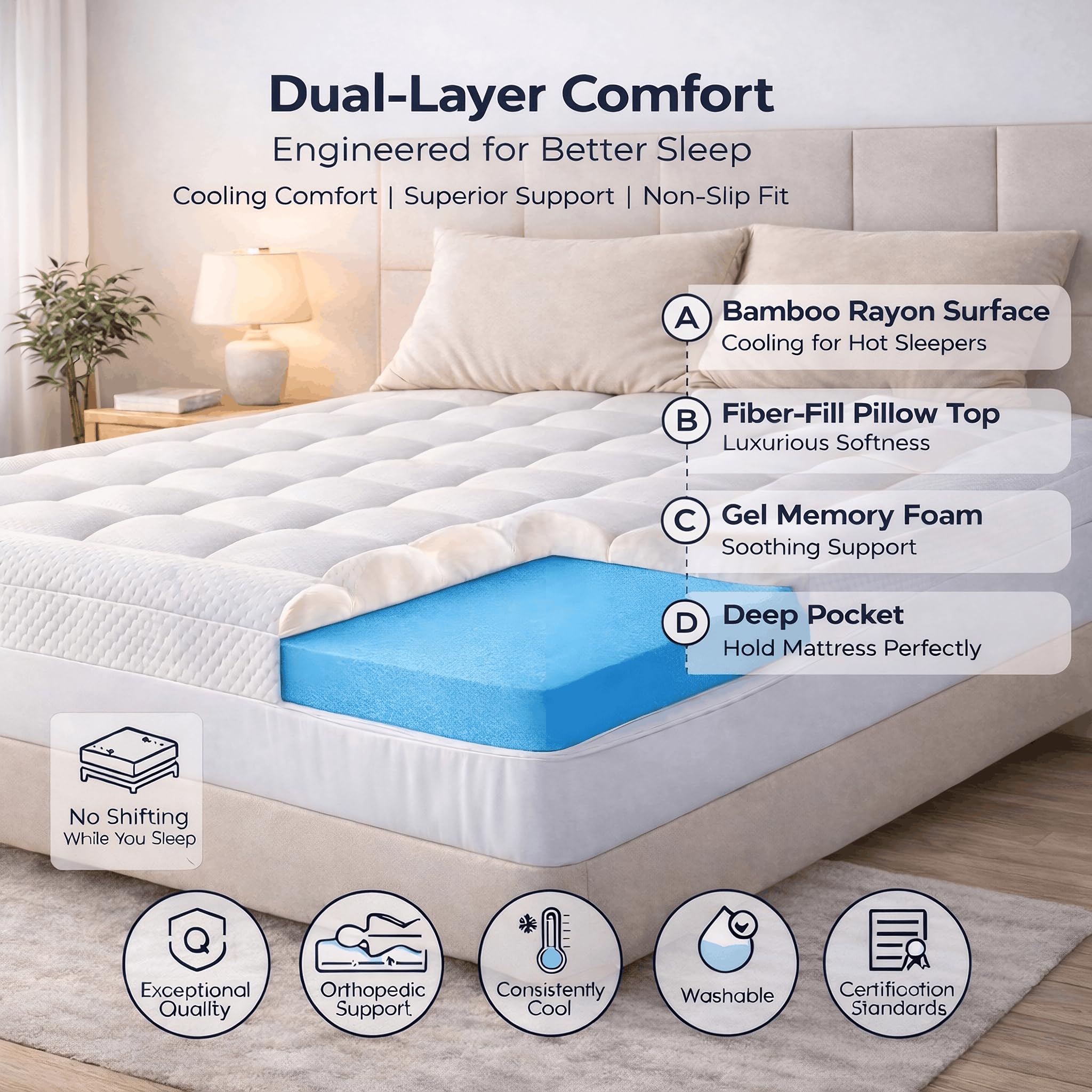 ELEMUSE 3 Inch Queen Size Dual Layer Memory Foam Mattress Topper, 2 Inch Cooling Memory Foam, 1 Inch Luxury Plush Pillowtop, Premium Pressure Relief Bed Pad for Hot Sleepers, Hotel Comfort Upgrade