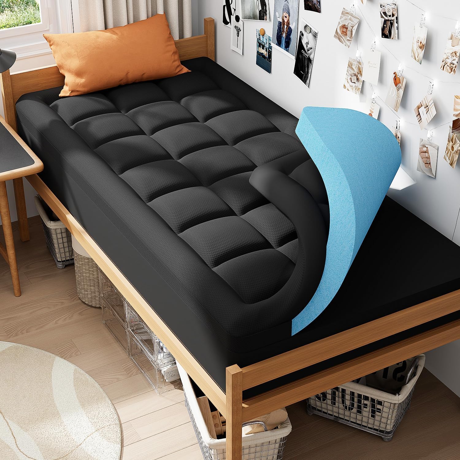 ELEMUSE 3 Inch Queen Size Dual Layer Memory Foam Mattress Topper, 2 Inch Cooling Memory Foam, 1 Inch Luxury Plush Pillowtop, Premium Pressure Relief Bed Pad for Hot Sleepers, Hotel Comfort Upgrade