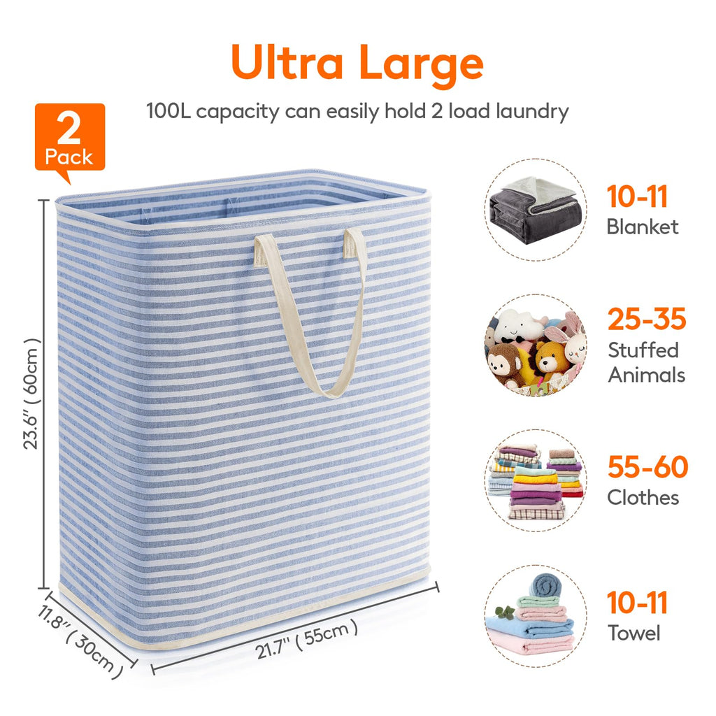 Lifewit 2 Pack Laundry Basket 80L Each, Collapsible Clothes Hamper with Reinforced Handles, Freestanding Waterproof Design for Bedroom and Laundry Room, Grey 160L Total