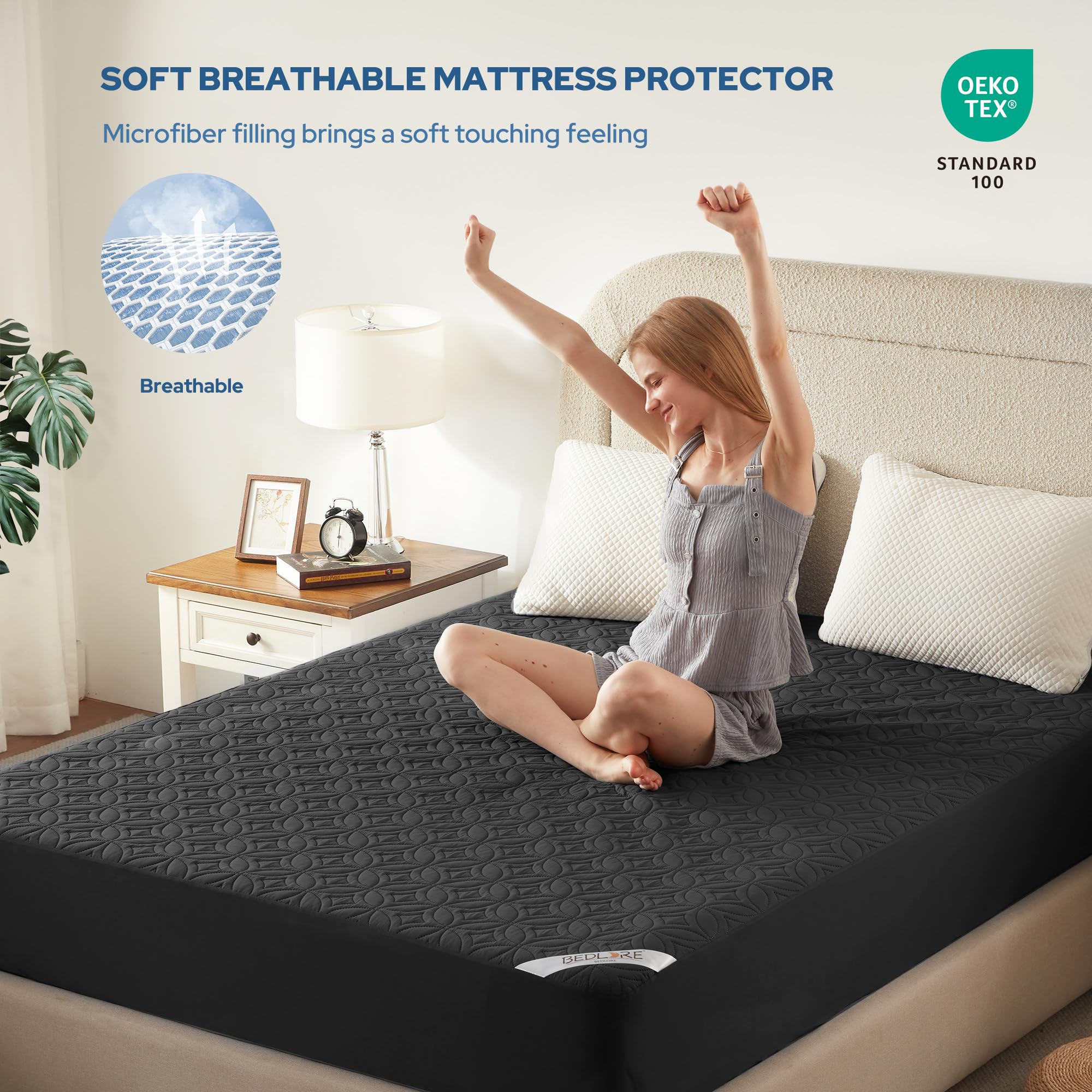 BEDLORE Waterproof Mattress Protector, Queen Size Mattress Pad Noiseless with Deep Pocket 6"-18" Depth, Soft Breathable Dirt-Proof Bed Mattress Cover Washable for Home, Bedroom, Hotel (Gray)